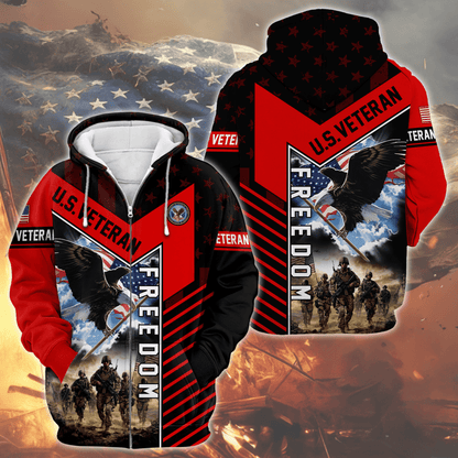 U.S. Veteran Freedom Hoodie – Patriotic Eagle and Soldier Zip Up, American Flag Military Pride Hoodie for Men