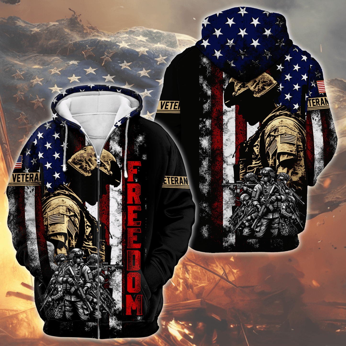 U.S. Veteran Hoodie – Freedom American Flag Design, Soldier Tribute Zip Up, Patriotic Military Apparel