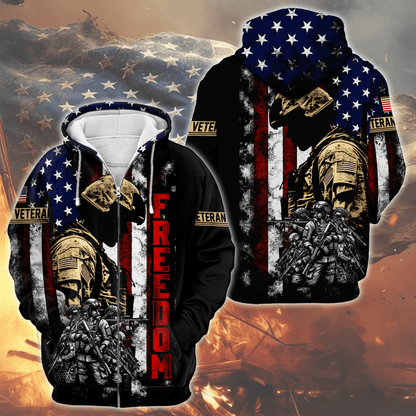 U.S. Veteran Hoodie – Freedom American Flag Design, Soldier Tribute Zip Up, Patriotic Military Apparel