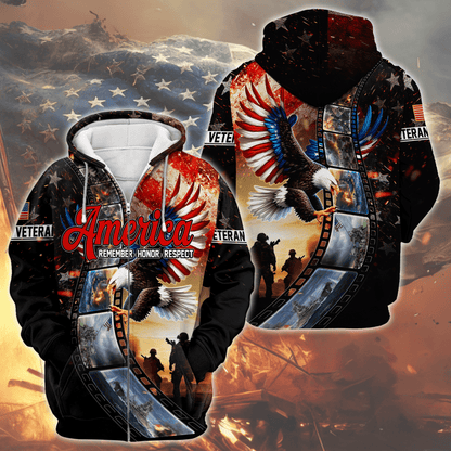 U.S. Veteran Hoodie – America Remember Honor Respect, Eagle and Soldier Zip Up, Patriotic Hoodie