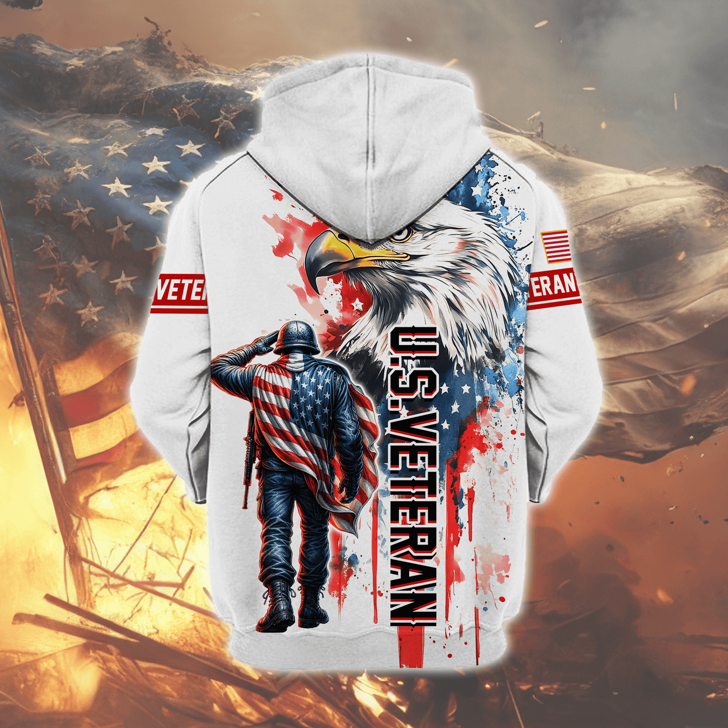 U.S. Veteran Hoodie – American Flag Soldier & Bald Eagle Zip Up
