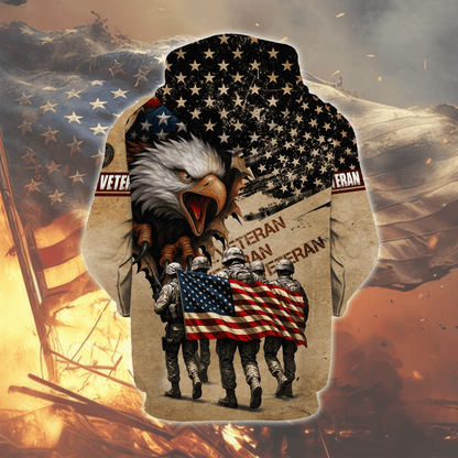 American Veteran Hoodie – Home of the Free Because of the Brave, Eagle & Soldiers Zip Hoodie, U.S. Flag Military Sweatshirt