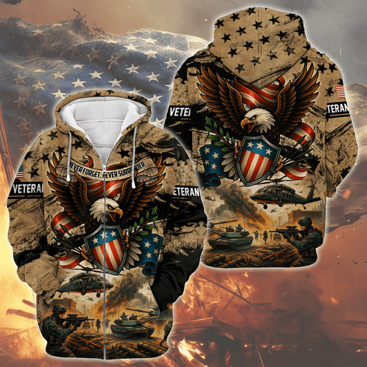 U.S. Veteran Hoodie – Never Forget Never Surrender Eagle Military Zip Up