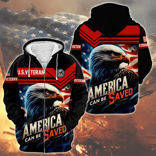U.S. Veteran Hoodie – America Can Be Saved Patriotic Zip Up Jacket