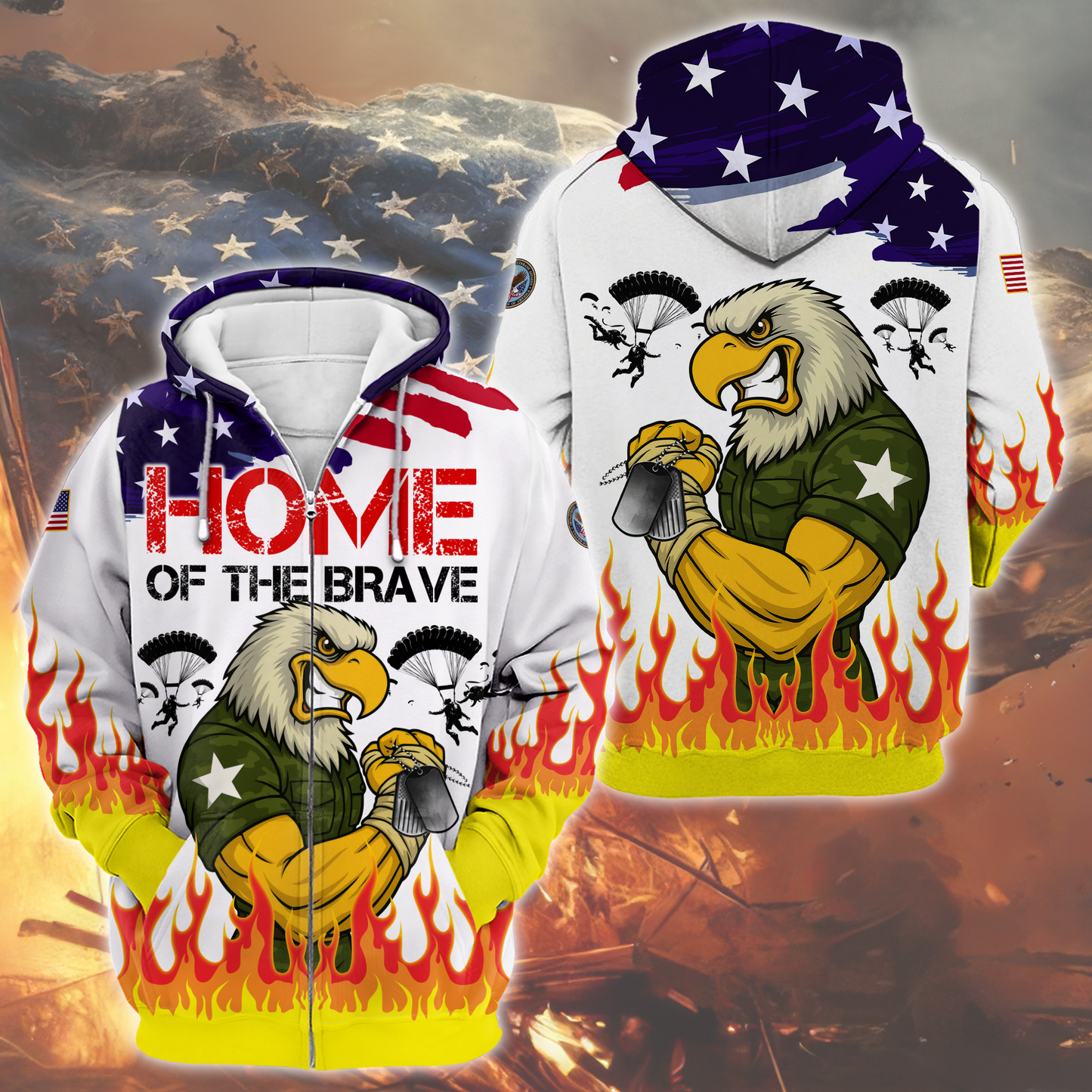 U.S. Veteran Hoodie – Home of the Brave, American Flag Eagle Zip Up, Patriotic Military Sweatshirt