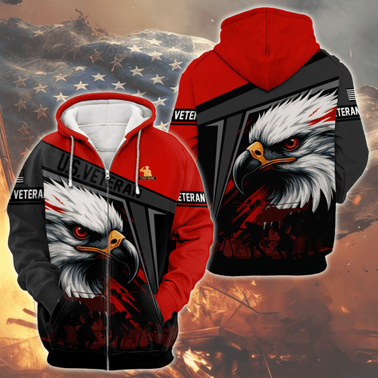 U.S. Veteran Hoodie – Bold Eagle Head Red & Black Patriotic Zip Up