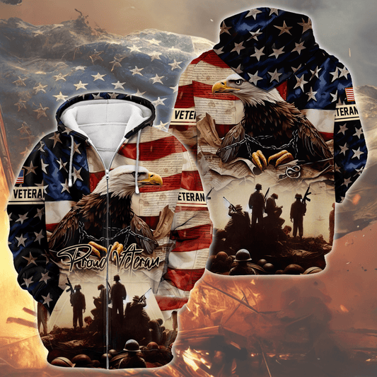U.S. Veteran Hoodie – Proud Veteran Bald Eagle Zip Up, American Flag Military Hoodie, Patriotic Gift for Heroes