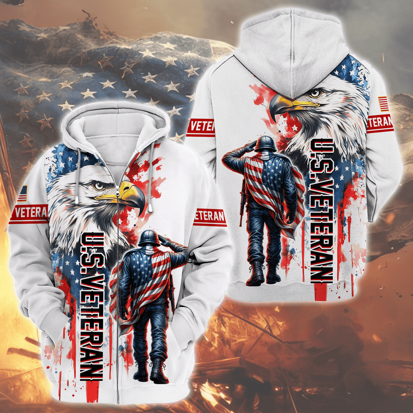 U.S. Veteran Hoodie – American Flag Soldier & Bald Eagle Zip Up