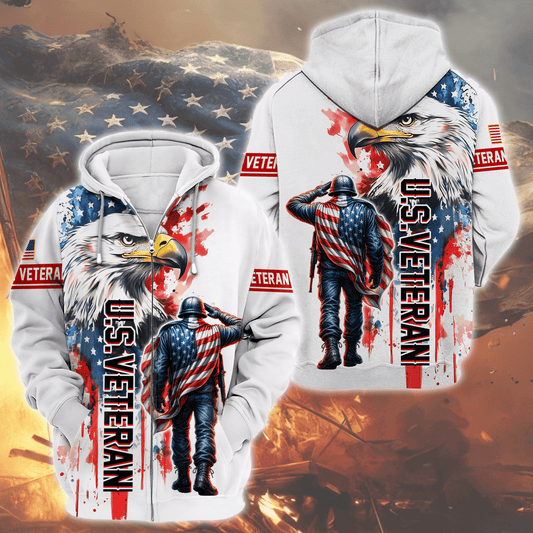 U.S. Veteran Hoodie – American Flag Soldier & Bald Eagle Zip Up