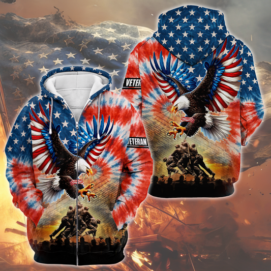 American Eagle Veteran Hoodie – Patriotic Tie Dye Zip Up, U.S. Flag Military Sweatshirt, Honor & Freedom Veteran Gift for Men