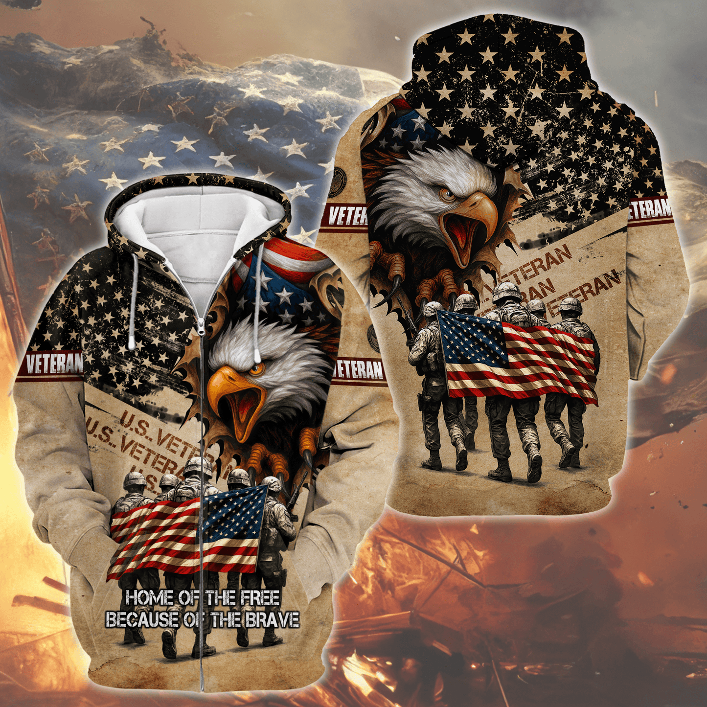 American Veteran Hoodie – Home of the Free Because of the Brave, Eagle & Soldiers Zip Hoodie, U.S. Flag Military Sweatshirt