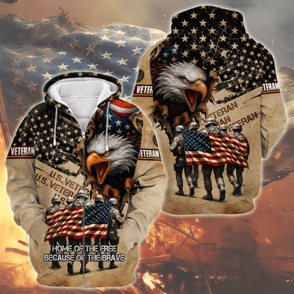 American Veteran Hoodie – Home of the Free Because of the Brave, Eagle & Soldiers Zip Hoodie, U.S. Flag Military Sweatshirt