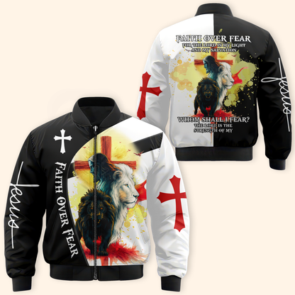 Faith Over Fear Christian Hoodie – Lion of Judah Cross Bible Verse Zip Up Sweatshirt for Believers in Christ