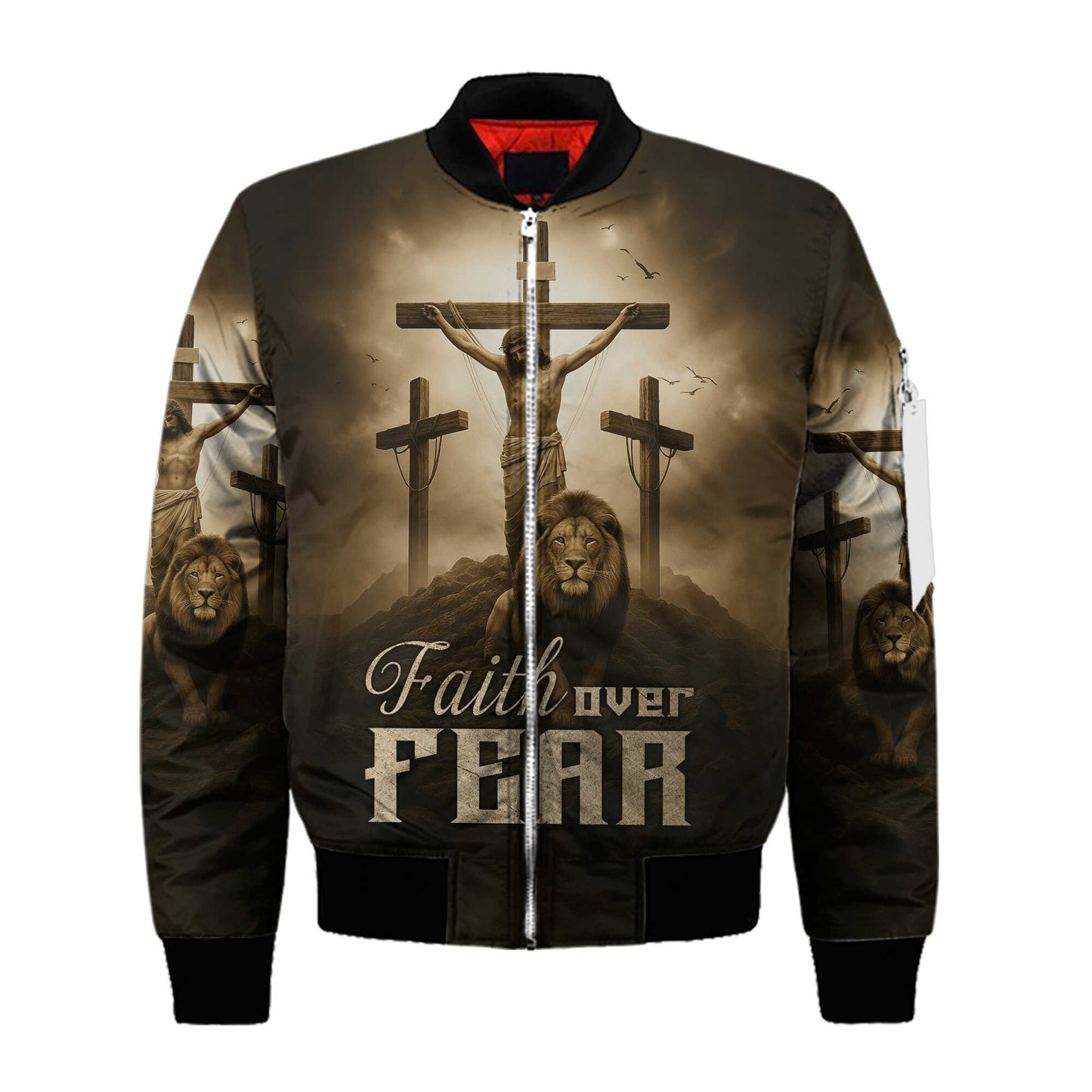 Faith Over Fear – Jesus Crucifix and Lion Symbol of Strength