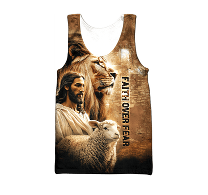 Faith Over Fear – Christian Lion, Jesus and Lamb Design - All Over Prints Hoodie Shirt