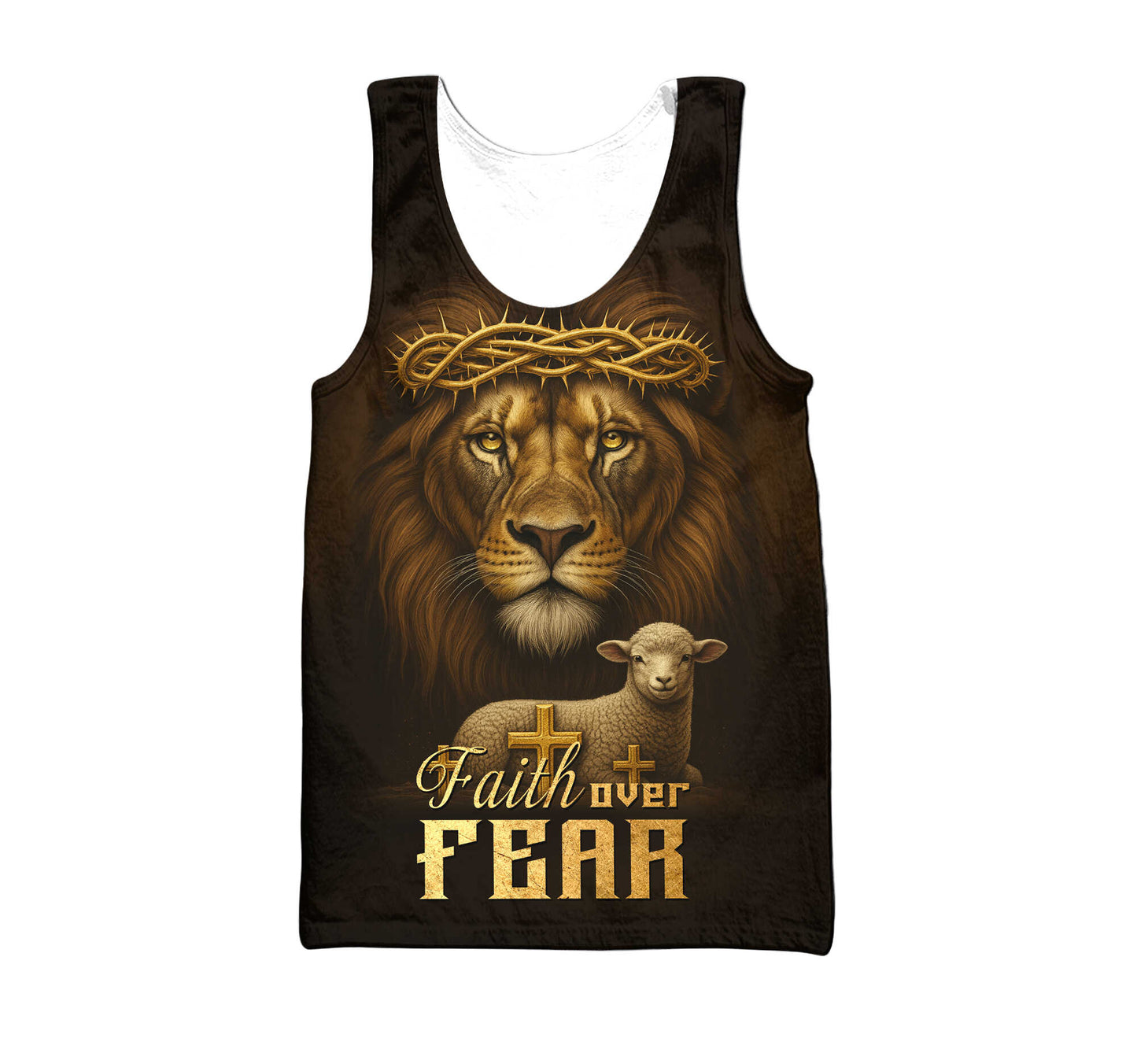 Faith Over Fear – Lion of Judah with Lamb and Cross Artwork