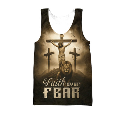 Faith Over Fear – Jesus Crucifix and Lion Symbol of Strength