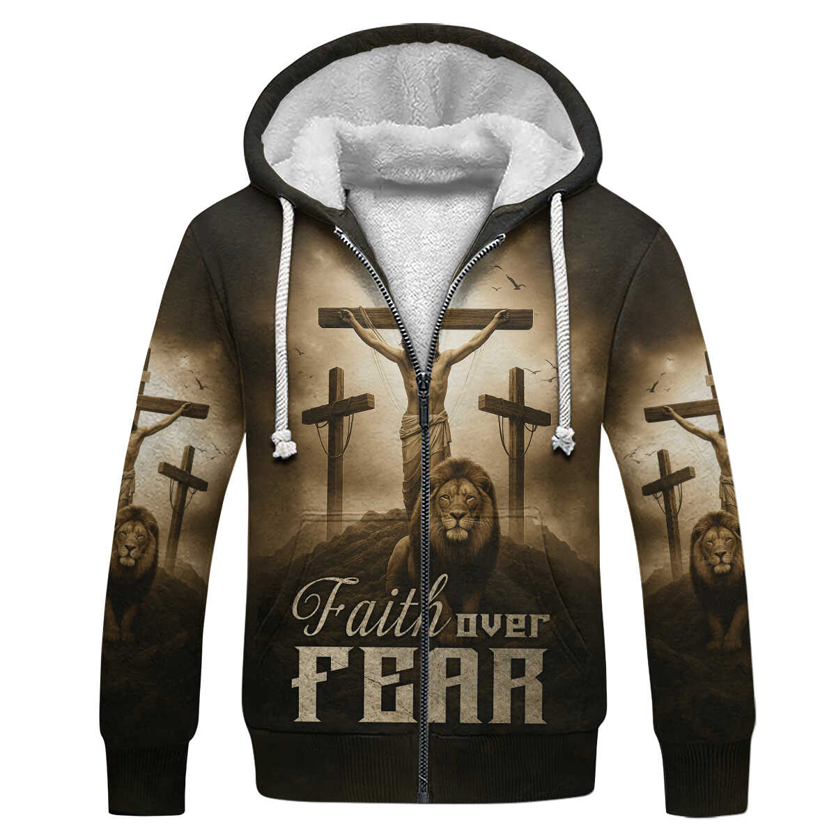 Faith Over Fear – Jesus Crucifix and Lion Symbol of Strength