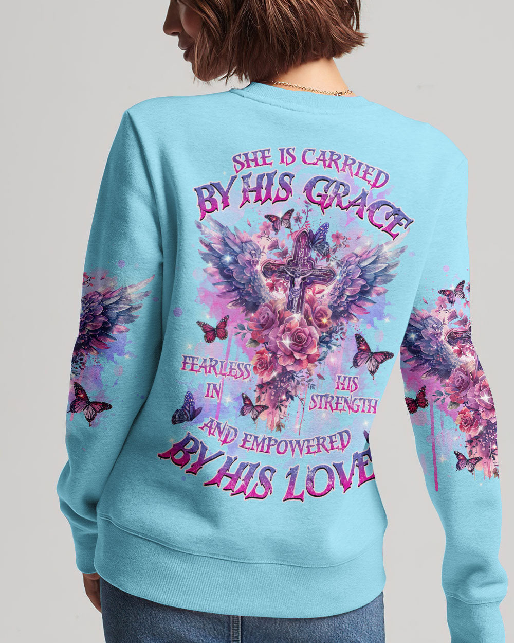 She Is Carried By His Grace Cross Wings Women's All Over Print Shirt - Tlnz0203244, easychoo.com
