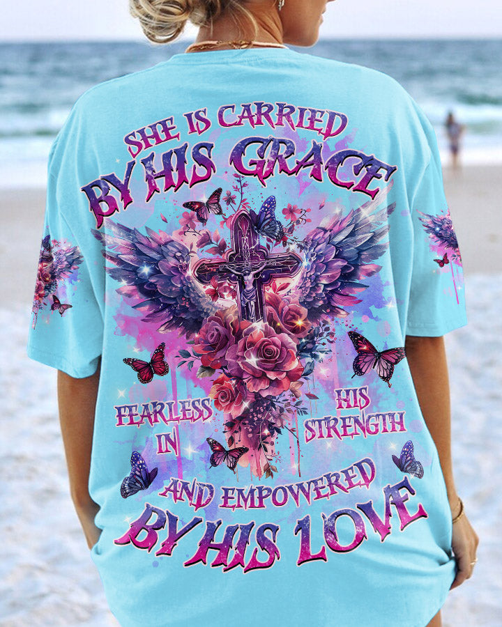 She Is Carried By His Grace Cross Wings Women's All Over Print Shirt - Tlnz0203244, easychoo.com