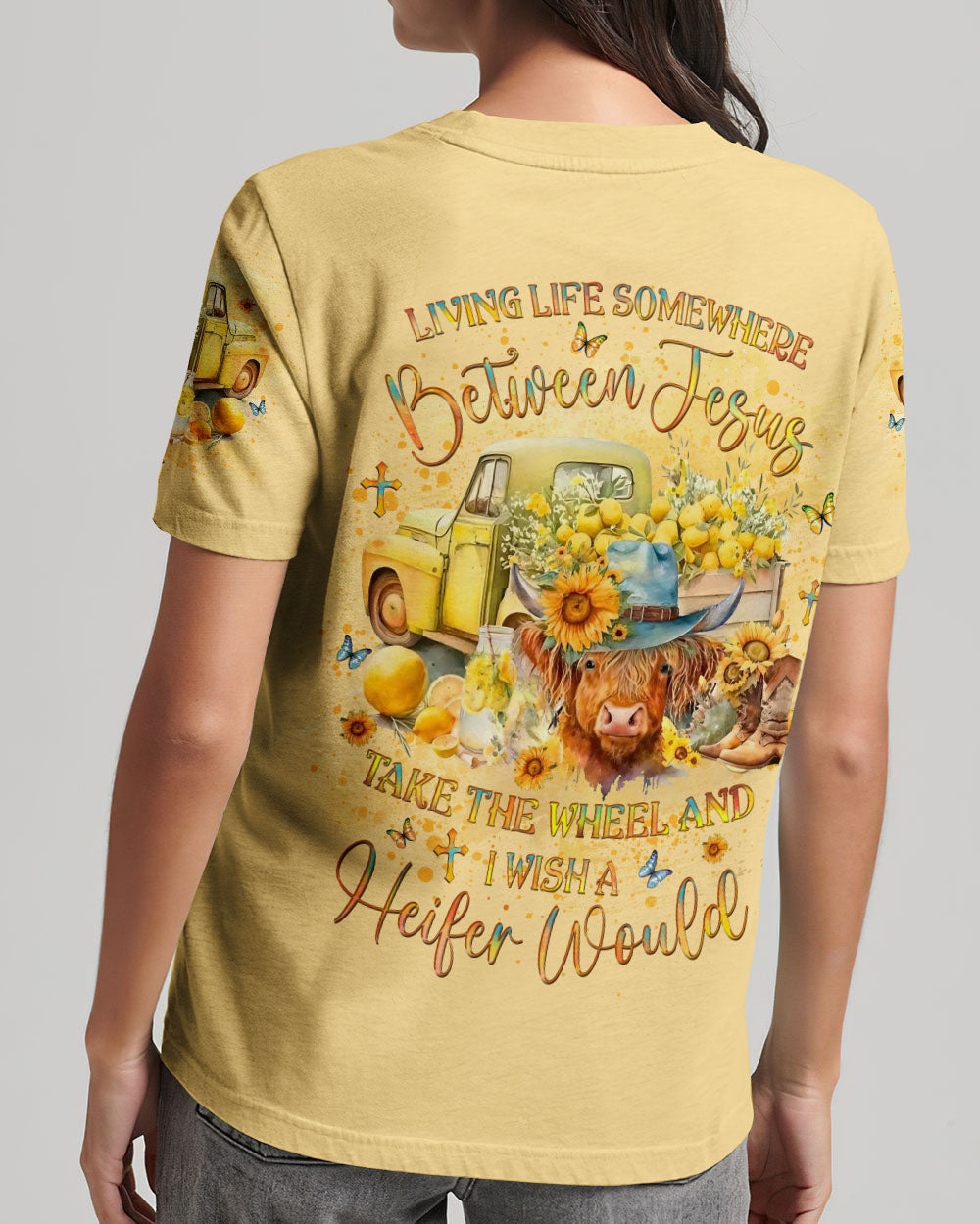 Living Life Somewhere Between Jesus Heifers Women's All Over Print Shirt - Yhlt1203242, easychoo.com