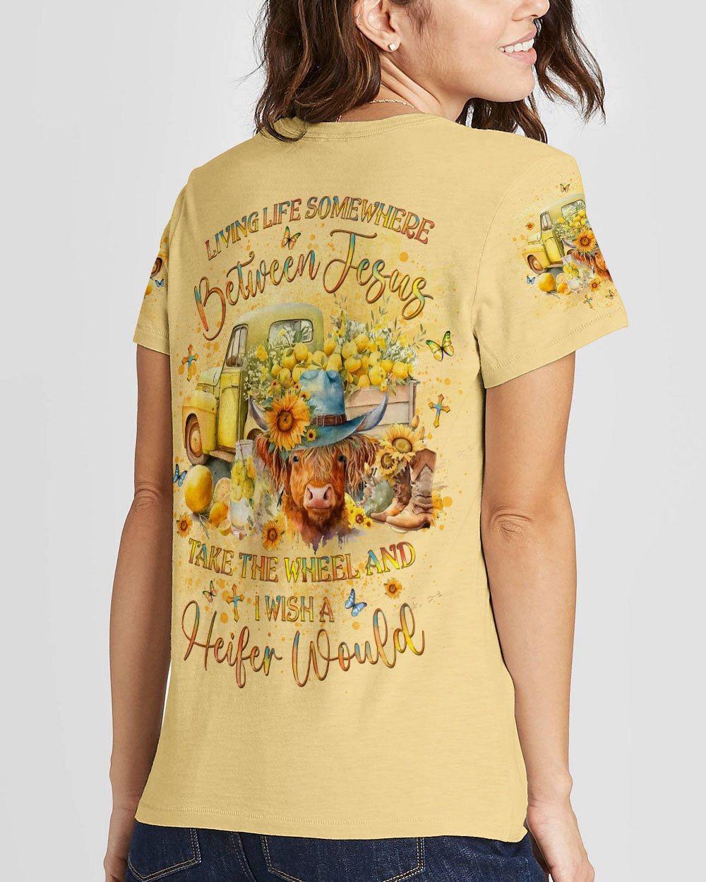 Living Life Somewhere Between Jesus Heifers Women's All Over Print Shirt - Yhlt1203242, easychoo.com