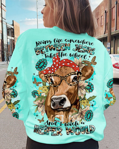Living Life Somewhere Between Jesus Cow Women's All Over Print Shirt - Tltr2311233, easychoo.com