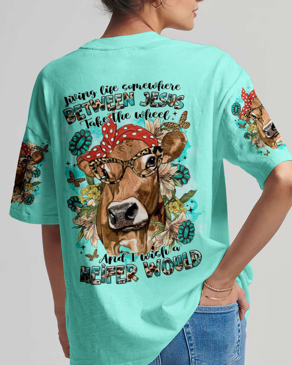 Living Life Somewhere Between Jesus Cow Women's All Over Print Shirt - Tltr2311233, easychoo.com