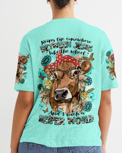 Living Life Somewhere Between Jesus Cow Women's All Over Print Shirt - Tltr2311233, easychoo.com