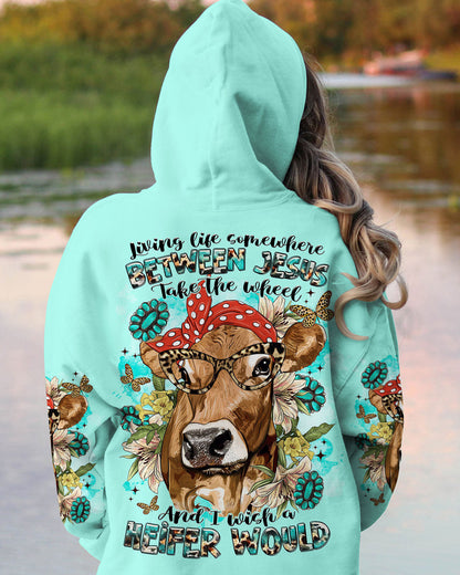 Living Life Somewhere Between Jesus Cow Women's All Over Print Shirt - Tltr2311233, easychoo.com