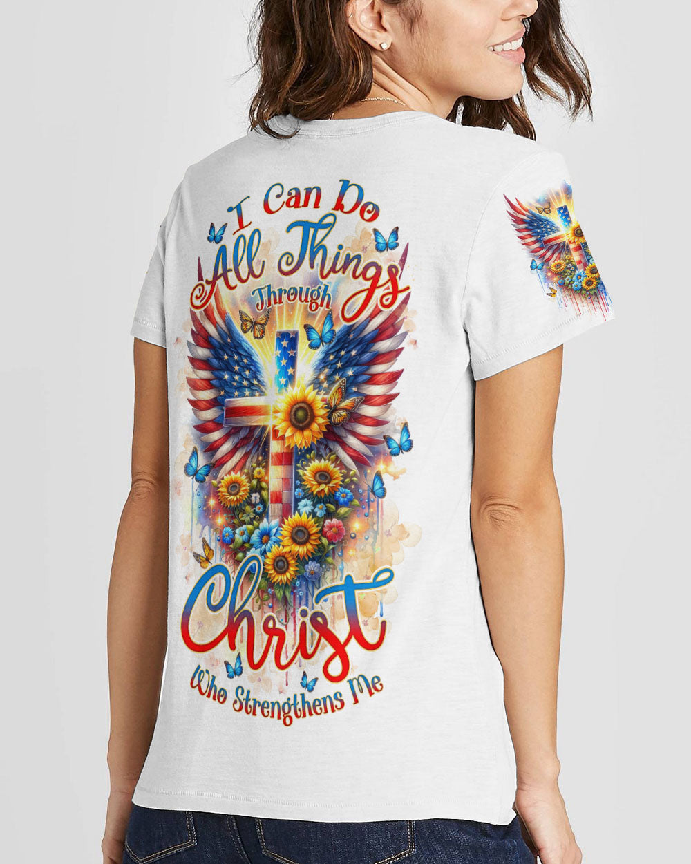 I Can Do All Things Through Christ Wings Sunflower Women's All Over Print Shirt - Tlnz1412234, easychoo.com