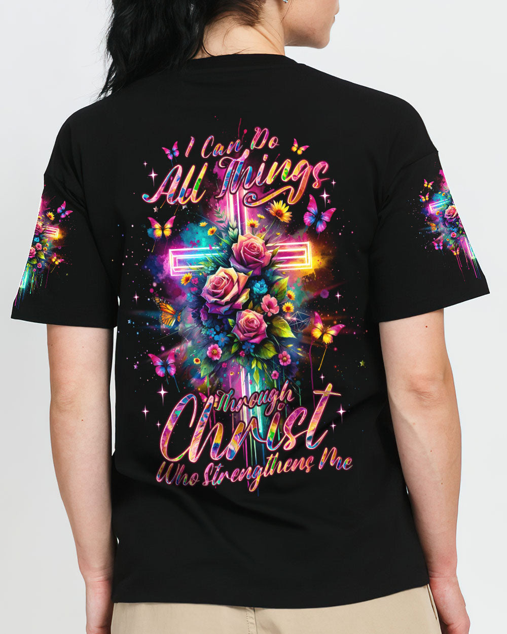 I Can Do All Things Through Christ Cross Rose Women's All Over Print Shirt - Tlno0901243, easychoo.com