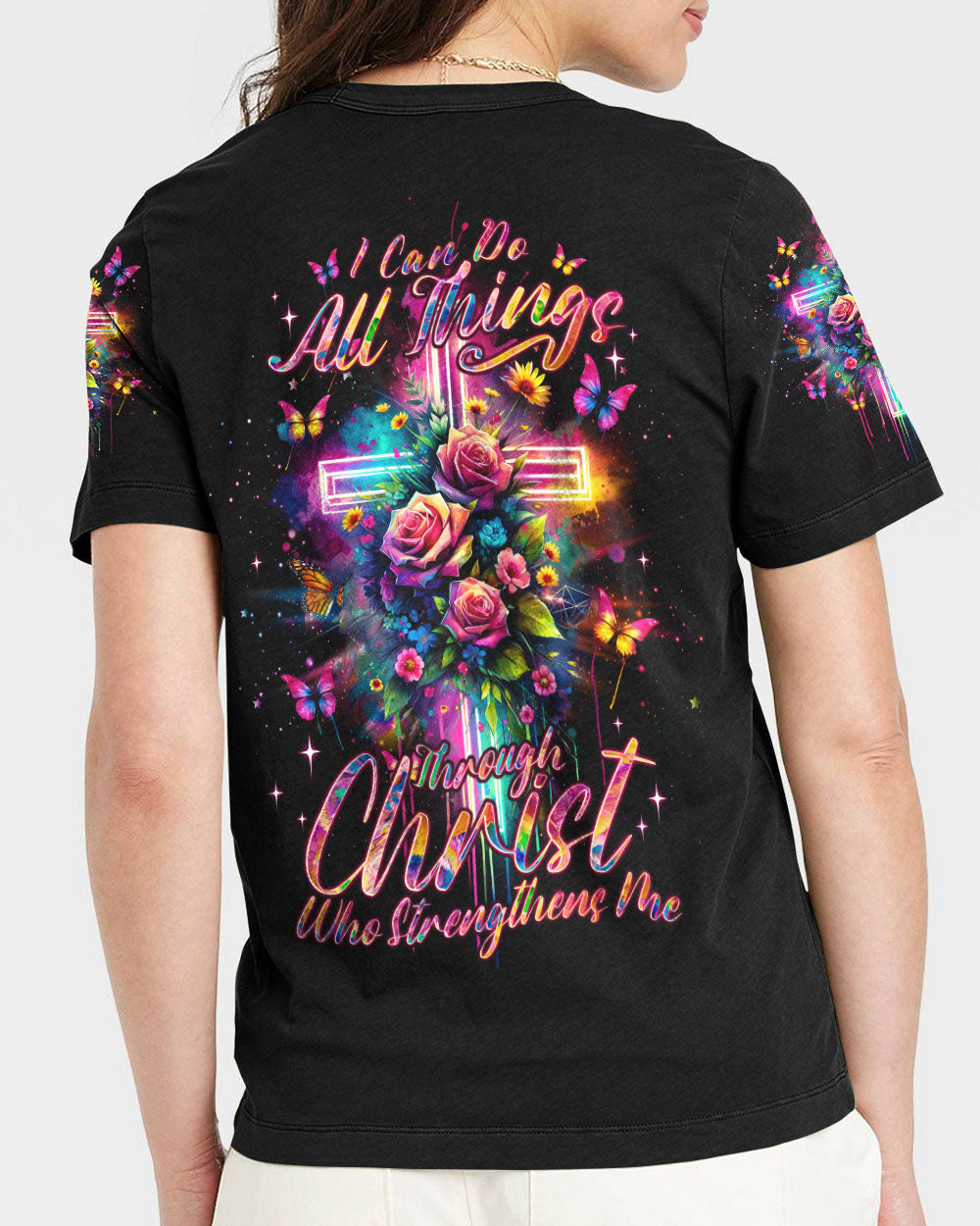 I Can Do All Things Through Christ Cross Rose Women's All Over Print Shirt - Tlno0901243, easychoo.com