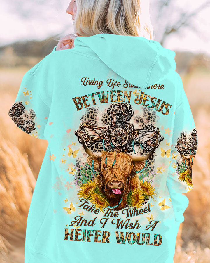 Living Life Somewhere Between Jesus Cow Women's All Over Print Shirt- Tltw2411233, easychoo.com