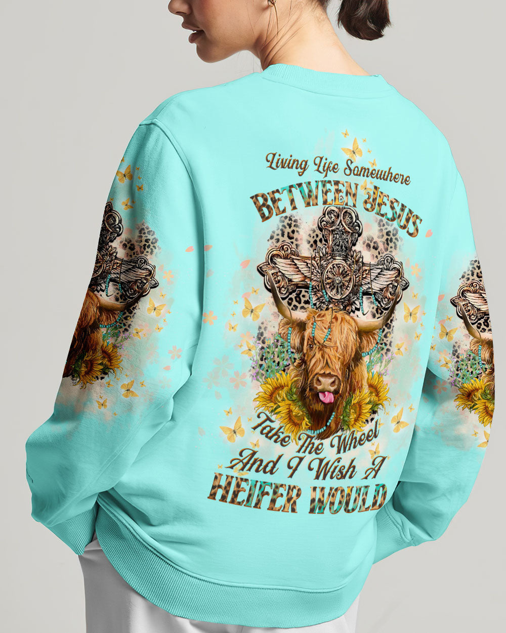 Living Life Somewhere Between Jesus Cow Women's All Over Print Shirt- Tltw2411233, easychoo.com