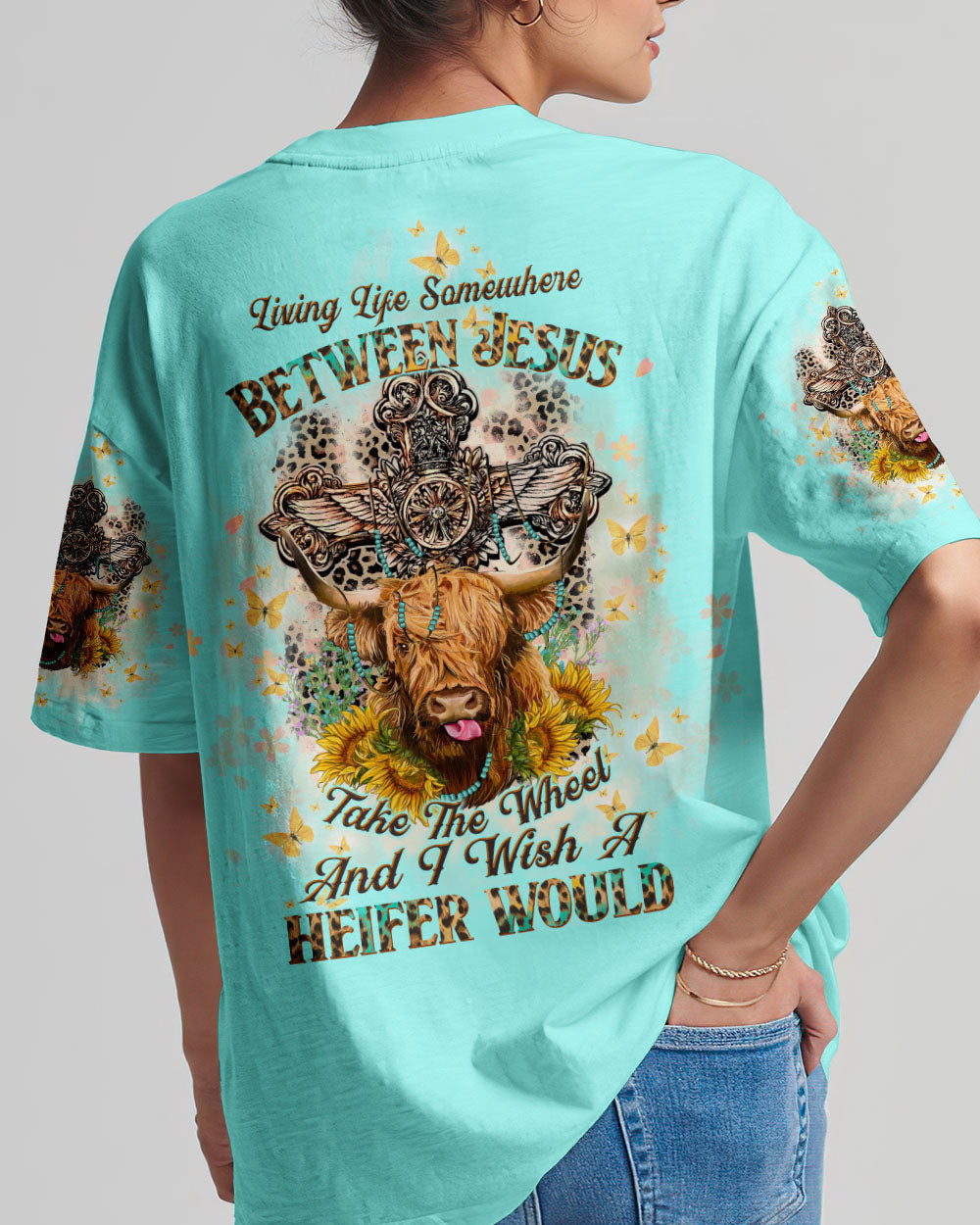 Living Life Somewhere Between Jesus Cow Women's All Over Print Shirt- Tltw2411233, easychoo.com