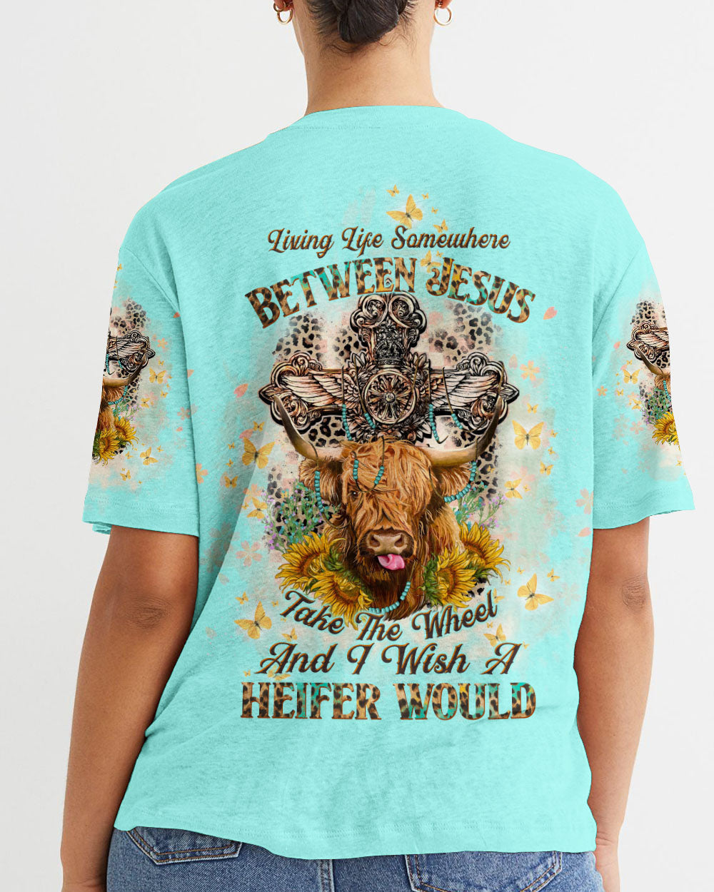 Living Life Somewhere Between Jesus Cow Women's All Over Print Shirt- Tltw2411233, easychoo.com