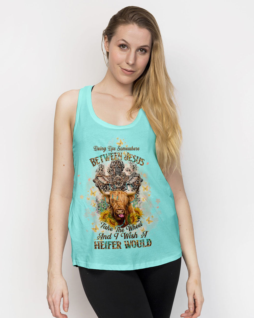 Living Life Somewhere Between Jesus Cow Women's All Over Print Shirt- Tltw2411233, easychoo.com