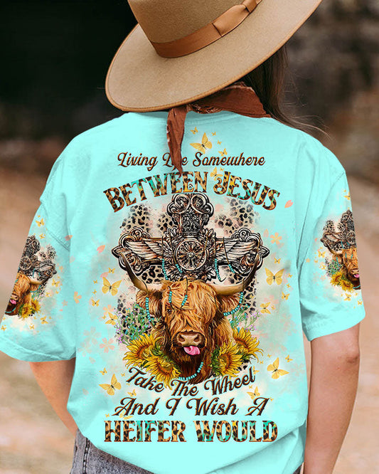 Living Life Somewhere Between Jesus Cow Women's All Over Print Shirt- Tltw2411233, easychoo.com