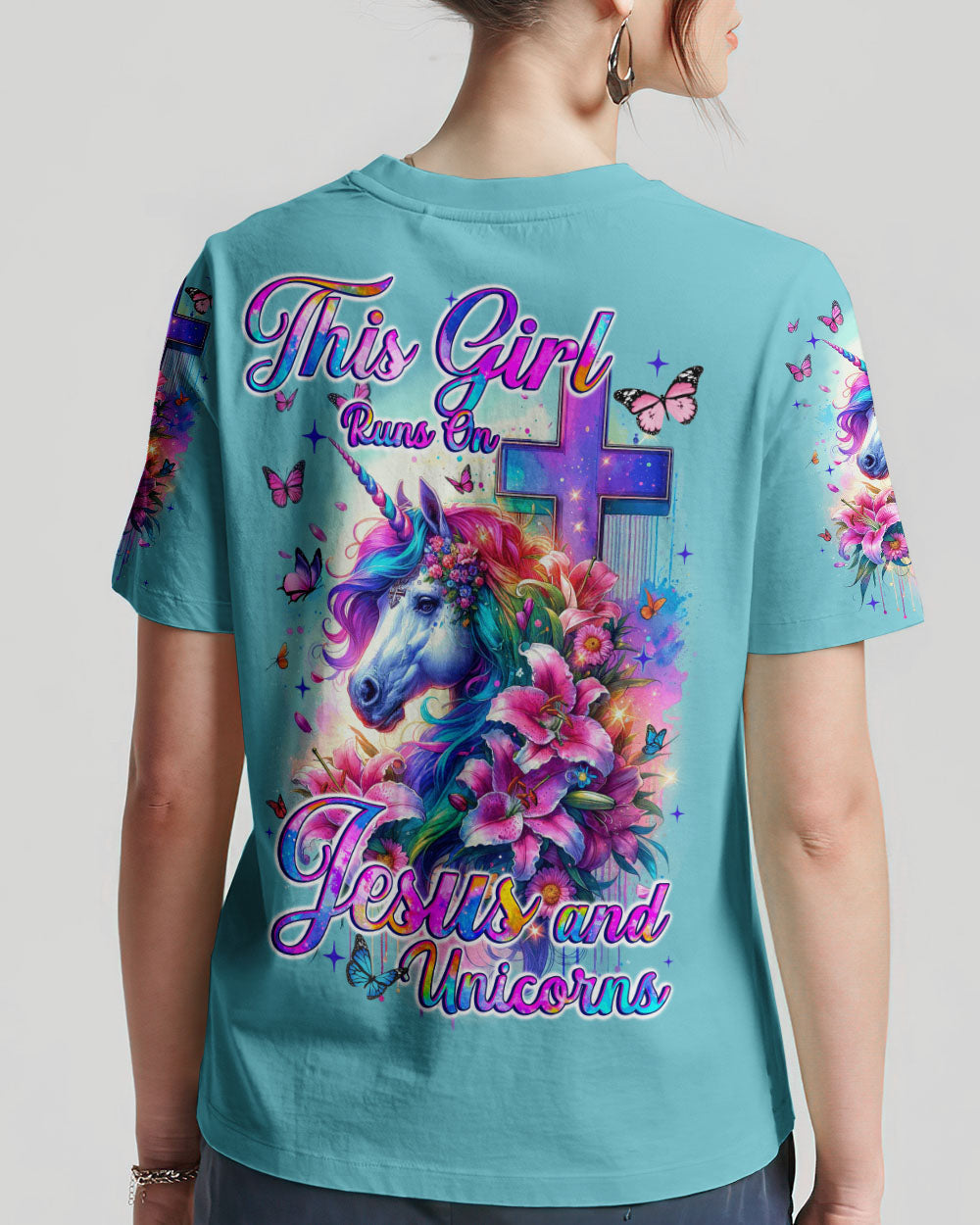 Runs On Jesus And Unicorns Women's All Over Print Shirt - Tyqy1612231, easychoo.com
