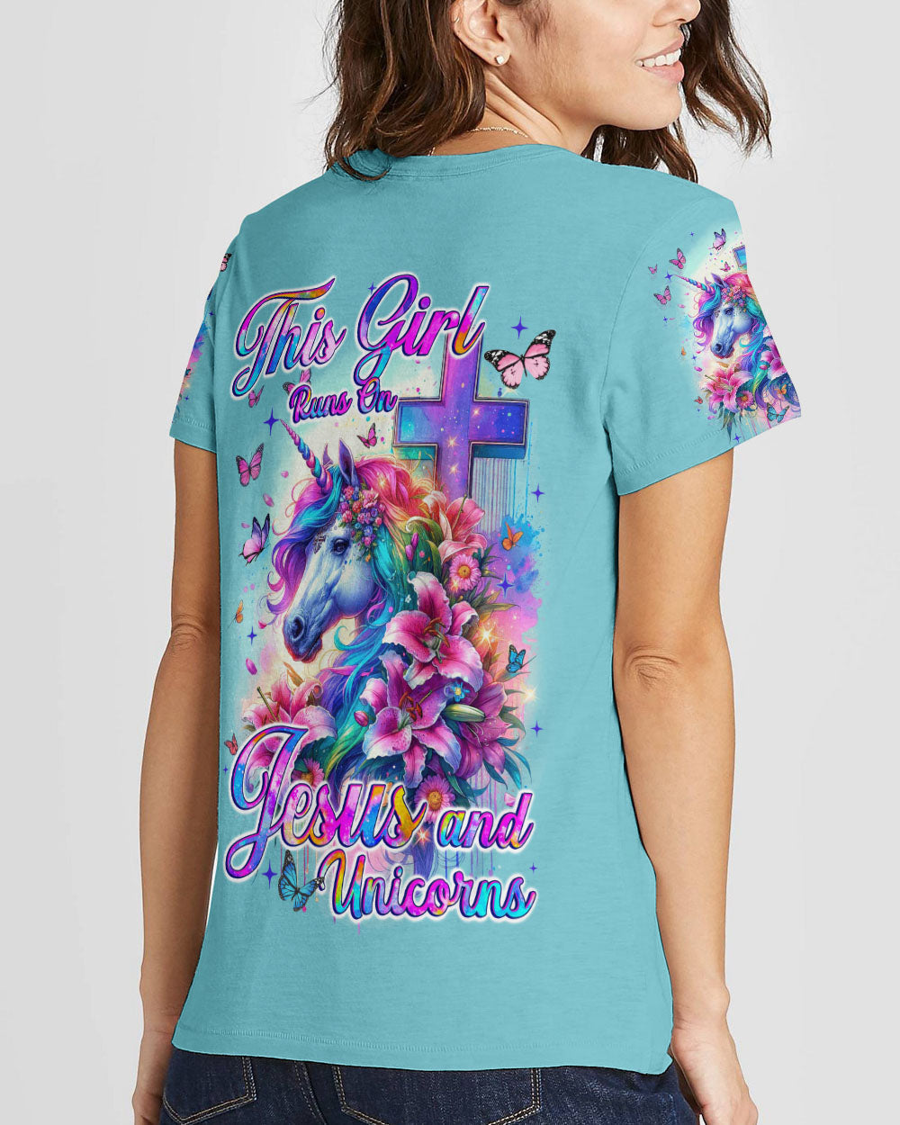 Runs On Jesus And Unicorns Women's All Over Print Shirt - Tyqy1612231, easychoo.com