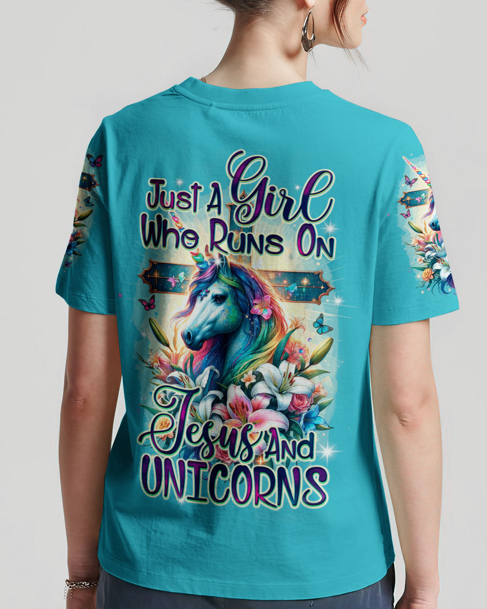 Runs On Jesus And Unicorns Women's All Over Print Shirt - Ty1912231, easychoo.com