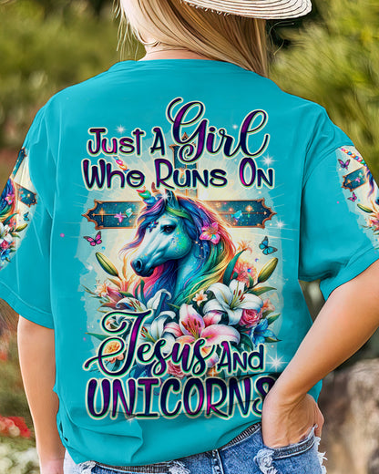 Runs On Jesus And Unicorns Women's All Over Print Shirt - Ty1912231, easychoo.com