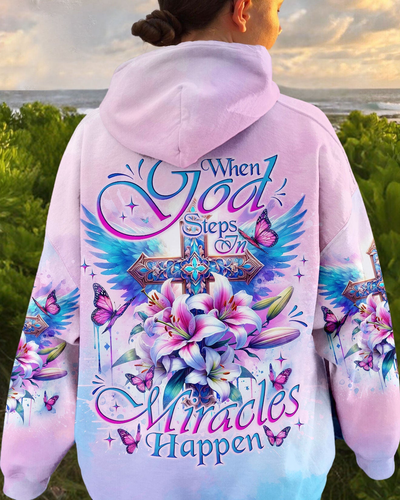 When God Steps In Miracles Happen Cross Lilies Women's All Over Print Shirt - Tlno0502242, easychoo.com