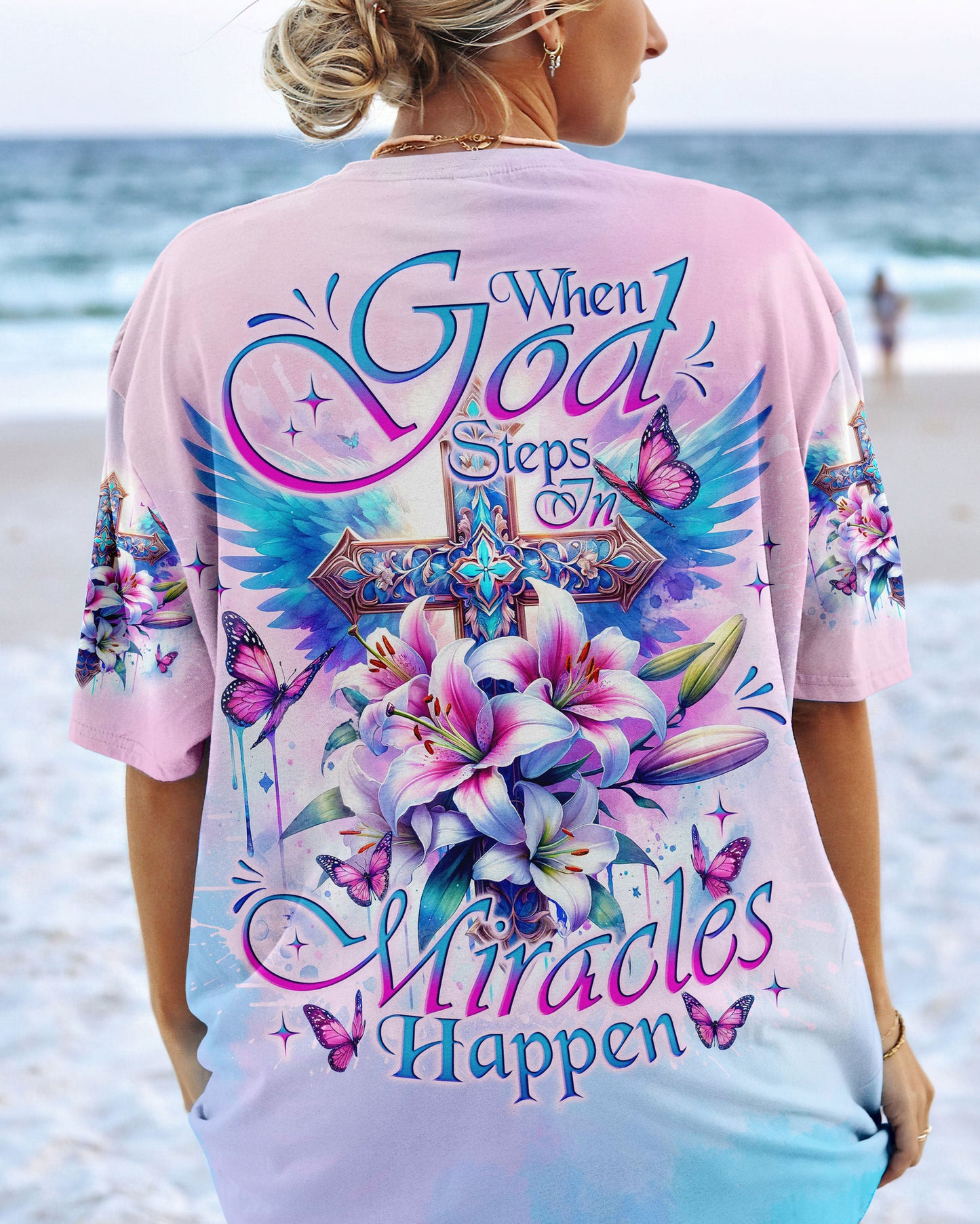 When God Steps In Miracles Happen Cross Lilies Women's All Over Print Shirt - Tlno0502242, easychoo.com