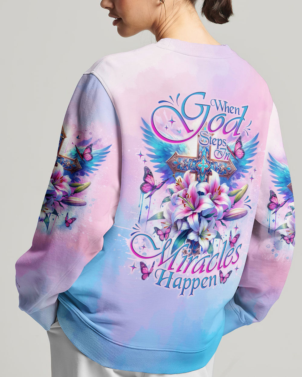 When God Steps In Miracles Happen Cross Lilies Women's All Over Print Shirt - Tlno0502242, easychoo.com