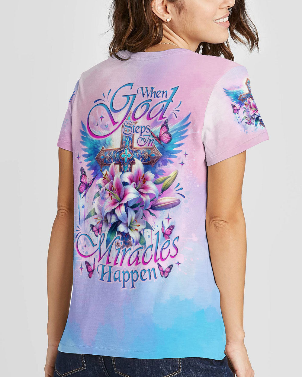 When God Steps In Miracles Happen Cross Lilies Women's All Over Print Shirt - Tlno0502242, easychoo.com