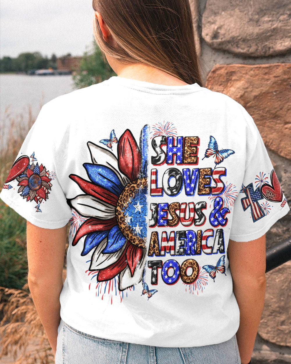 She Loves Jesus and America Women's All Over Print Shirt - Yhln0307234, easychoo.com