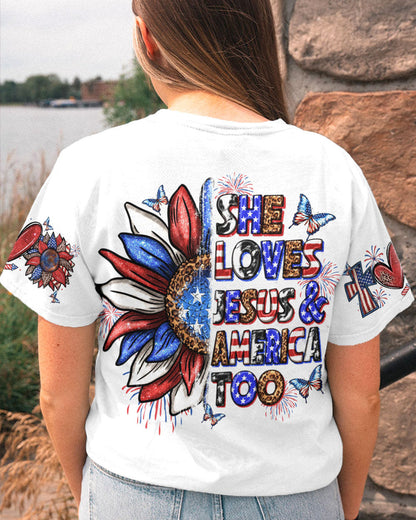 She Loves Jesus and America Women's All Over Print Shirt - Yhln0307234, easychoo.com