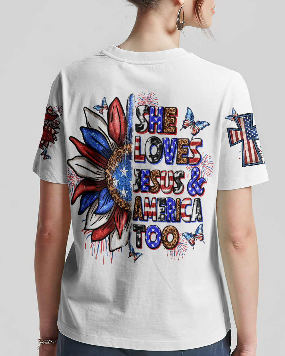 She Loves Jesus and America Women's All Over Print Shirt - Yhln0307234, easychoo.com